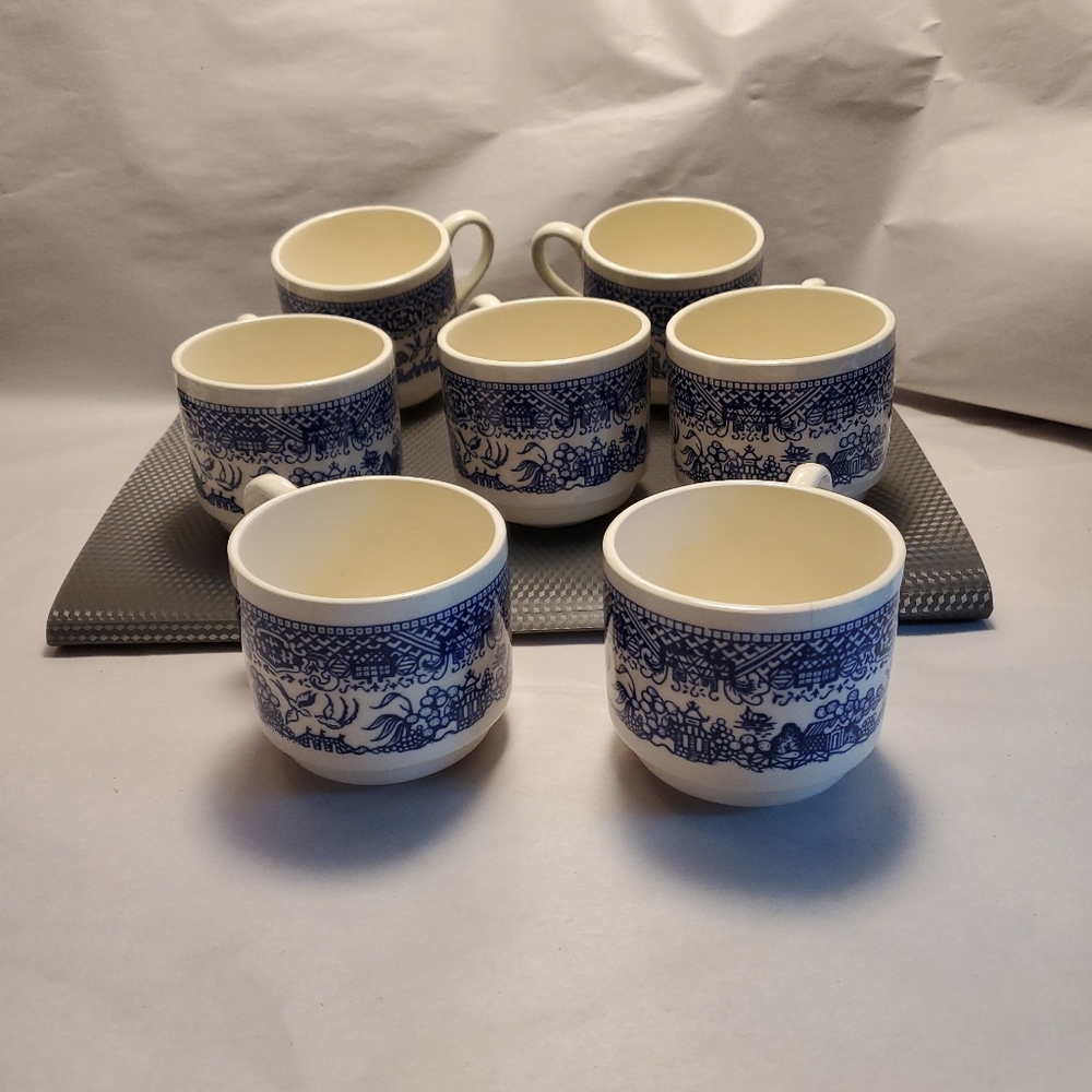 Vintage Milk White Colbalt Blue Oriental Landscape Scene 7 Cups